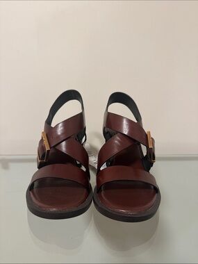 Zara Dark Brown Leather Block Heel Sandals with Gold Buckle